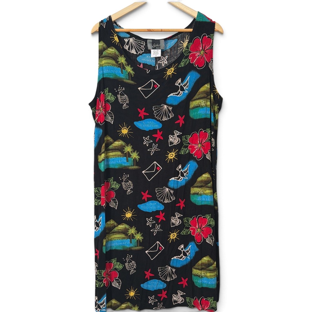 Slinky Brand Women 2X Tropical Island Print Sleeveless Shift Dress Black